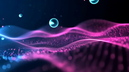 Poster - Video with a mesmerizing journey through an abstract digital art piece, showcasing dynamic waves of glowing pink and blue lights against a dark blue backdrop. 