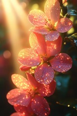 Sticker - Delicate pink flowers glisten with water droplets, perfect for decorative or editorial use