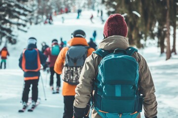 Sticker - Group of people trekking through deep snow, winter scene