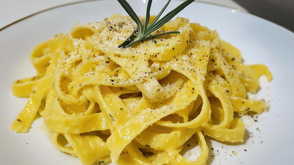 A plate of carbonara fettuccine pasta with a green herb on top.

