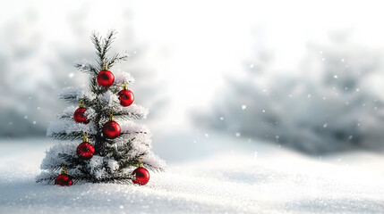 Wall Mural - small snow-covered christmas tree with red baubles