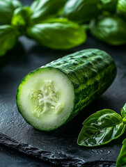 Poster - Sliced cucumber with basil on a dark slate surface.