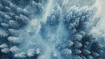 Wall Mural - Watercolor landscape of foggy forest in mountain slope aerial view. Frozen Forest. Illustration