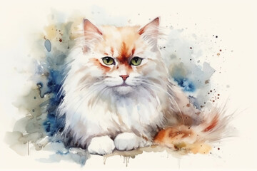 Wall Mural - beautiful fluffy white cat, watercolor., watercolor style, Generative AI