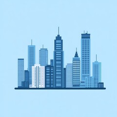 Wall Mural - Icon design, city buildings, light blue, flat icon, vector, high-end, simple, modern city, high quality, flat cartoon illustration, flat style, transparent glass, solid color background 