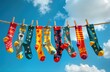 © Maryna - Colorful socks hang on clothesline against vibrant blue sky. Playful patterns, bright colors create cheerful display. Laundry day outdoors. Stylish socks drying in sun. Youthful, energetic vibe.