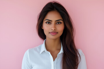 Wall Mural - A woman with long hair and a white shirt is posing for a picture