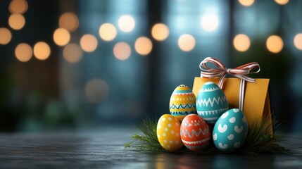 Vibrant easter celebration with colorful eggs and gift box display