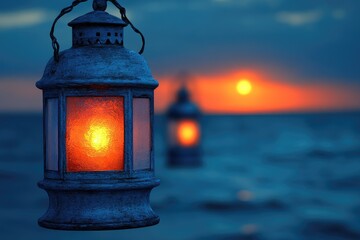 Wall Mural - Lighted Lantern at Sunset Over Ocean Water