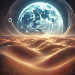 Wall Mural - A surreal desert where sand dunes are composed of soft, glowing light, and a giant, transparent moon looms overhead
