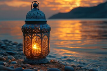 Wall Mural - Ornate Lantern Glows at Sunset on Pebbled Beach