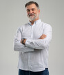 © opolja - portrait of confident businessman. Entrepreneur in blue shirt, mature age man standing, isolated on white background