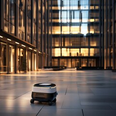 Wall Mural - autonomous delivery robot navigating large business centre, photorealistic, high detail 