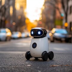 Wall Mural - A small white robot with black wheels, featuring a round head with a camera and two LED lights, standing on a city street with blurred cars and trees in the background