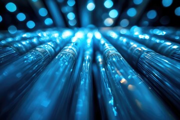 Wall Mural - abstract blue glass tubes converging, illuminated with bokeh lights creating a futuristic, technolog