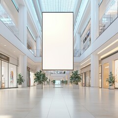 Wall Mural - shopping mall indoor vertical white billboard mock-up, wide lens texture, hyperrealistic, Cinematic