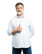 © opolja - Portrait of mature age, middle age, mid adult casual man in 50s, happy confident smile, showing thumb up on transparent