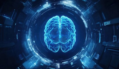 Abstract futuristic background with a digital brain and artificial intelligence concept on a blue hologram technology screen Generative AI