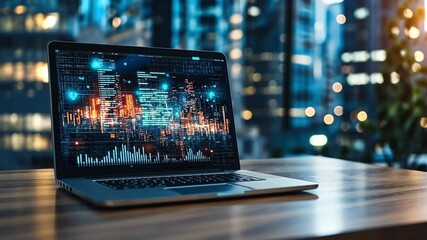 Wall Mural - modern urban workspace with advanced analytics displayed on laptop screen during nighttime