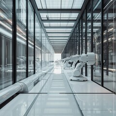 Wall Mural - sleek and efficient factory, robotic automation, precision engineering, glass and steel architecture, minimalist design, clean lines, futuristic interior, highly detailed, hyperrealistic 