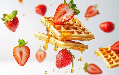 A floating stack of waffles with honey drizzle and fresh strawberries mid-air on a clean white background