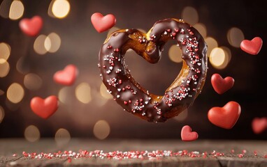 A levitating chocolate-covered pretzel with heart sprinkles on a valentines day background