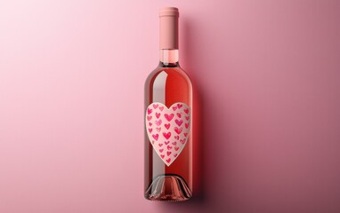 A mockup of a bottle of rose wine with decorative heart-shaped labels on a pastel pink background for valentines day and 8 march