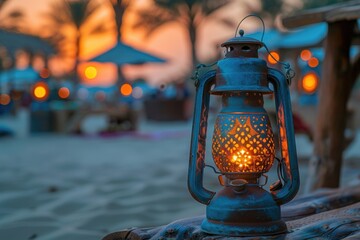 Wall Mural - Illuminated Lantern at Sunset Beach Scene