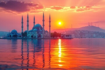 Wall Mural - Majestic Mosque Sunset Serene Waterscape Breathtaking View