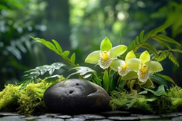 Serene garden scene featuring two delicate pale green orchids nestled amongst lush moss and ferns.