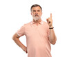 © opolja - Portrait of an excited bearded mature man pointing finger up at copyspace isolated over transparent background