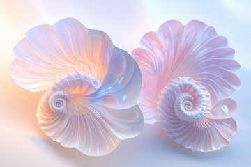 Wall Mural - two iridescent, shell-like spirals intertwine, creating a dreamy, abstract composition.