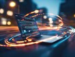© alphaspirit - Laptop showing source code and futuristic data stream at night