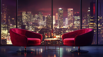 Wall Mural - Luxurious lounge with red velvet chairs and a city skyline view at night. Velvet Horizon. Illustration