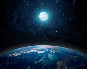 Wall Mural - a full moon above the planet earth. view from space to the starry sky full moon and the planet earth
