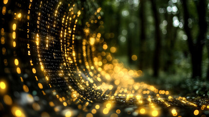 Abstract green and yellow digital binary data computer background with minimalistic bright tones modern design blurred elements creating an empty blank space for text or caption on the side

