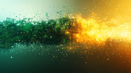 Abstract green and yellow digital binary data computer background with minimalistic bright tones modern design blurred elements creating an empty blank space for text or caption on the side

