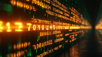 Abstract green and yellow digital binary data computer background with minimalistic bright tones modern design blurred elements creating an empty blank space for text or caption on the side

