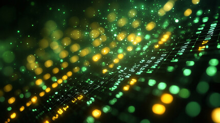 Abstract green and yellow digital binary data computer background with minimalistic bright tones modern design blurred elements creating an empty blank space for text or caption on the side

