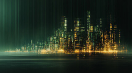 Abstract green and yellow digital binary data computer background with minimalistic bright tones modern design blurred elements creating an empty blank space for text or caption on the side

