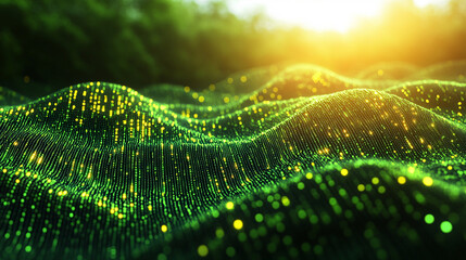 Abstract green and yellow digital binary data computer background with minimalistic bright tones modern design blurred elements creating an empty blank space for text or caption on the side

