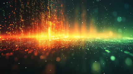 Abstract green and yellow digital binary data computer background with minimalistic bright tones modern design blurred elements creating an empty blank space for text or caption on the side

