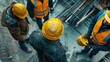 © ELENA AI - Close-up of a worker with a yellow helmet, amidst an active construction site and team in orange vests. Ideal for workplace and safety material.