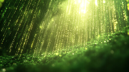 Abstract green and yellow digital binary data computer background with minimalistic bright tones modern design blurred elements creating an empty blank space for text or caption on the side

