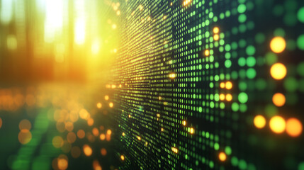 Abstract green and yellow digital binary data computer background with minimalistic bright tones modern design blurred elements creating an empty blank space for text or caption on the side

