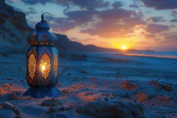 Wall Mural - Illuminated Lantern on Sandy Beach at Sunset