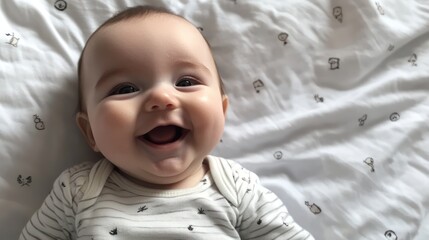 Sticker - Joyful Baby Laugh: A close-up shot of an adorable baby lying on its back, displaying a wide, infectious laugh. The image radiates pure happiness and innocence. 