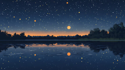 Canvas Print - glowing celestial bodies reflecting peaceful lagoon night, serene, sky, stars, tranquil, calm, moon,
