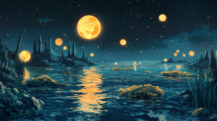 Canvas Print - glowing celestial bodies reflecting peaceful lagoon night, serene, sky, stars, tranquil, calm, moon,