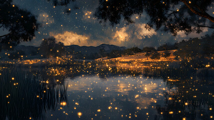 Canvas Print - glowing celestial bodies reflecting peaceful lagoon night, serene, sky, stars, tranquil, calm, moon,